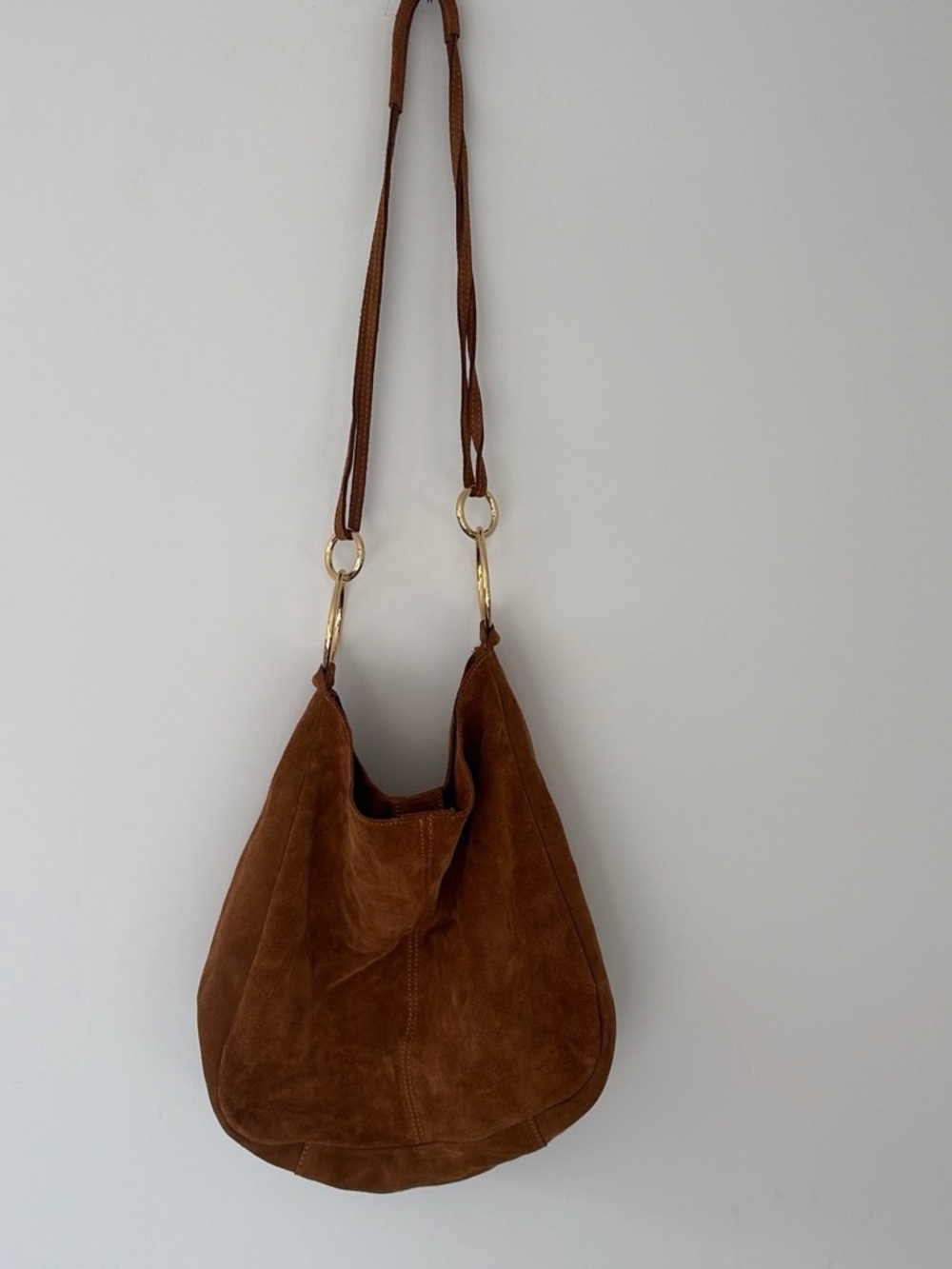 Brown Suede Shoulder Bag with Gold Rings